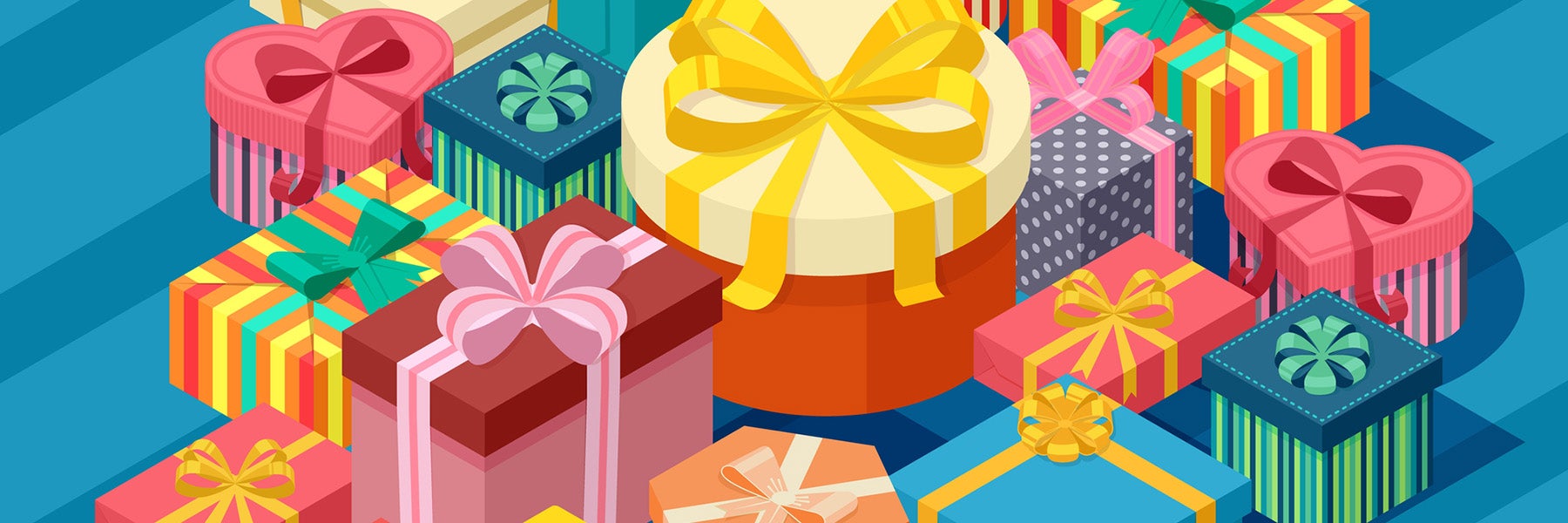 Assortment of isometric present boxes, vector illustration. Many different gift packages decorated with colorful wrapping paper and ribbons. Birthday present, christmas gift, romantic surprise box